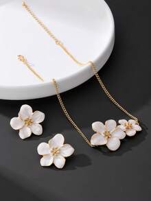 1 件手工制作的油滴白色五瓣花吊坠项链和 1 对耳环首饰套装，适合女士 - 白色 - 查看 4