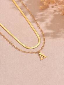 1pc Minimalist Stainless Steel Double Layer Necklace With Uppercase Letter Pendant, Suitable For Women's Daily Wear Or As A Gift For Friends - Yellow Gold - View 3