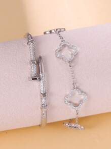 1 Set Fashion Silver Four-Leaf Clover Nail Bracelet, Cubic Zirconia Women's Bracelet, Suitable For Stacking And Daily Wear, Luxury Jewelry Gift For Holidays
