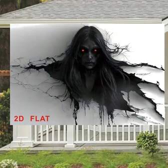 1 pieza Pancarta de fiesta de Halloween 2D - Demonio de cabello negro irrumpiendo a través de la pared, adecuado para fotografía de fondo y decoración