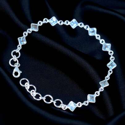 925 Sterling Silver Natural Faceted Blue Topaz Gemstone Adjustable Bracelet For Women