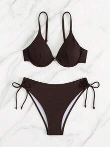 女士新款纯色系带比基尼套装，带钢圈支撑，性感两件套泳衣，可调节肩带沙滩装