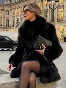 معطف نسائي فاخر بياقة مرتفعة من الفرو الاصطناعي بلون أحادي، جاكيت طويلة فضفاضة كاجوال بأكمام طويلة، ملابس خارجية دافئة سميكة للشتاء - الأسود - مشاهدة 3