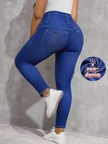 Leggings ajustados de alta elasticidad para mujer talla grande, patrón de estampado denim, suéter de punto cómodo y casual