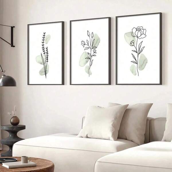 Set Of 3 Minimalist Flower Plant Art Poster Canvas Print Green Abstract Line Drawing Botanical Wall Painting Modern Home Living Room Decoration,Frameless