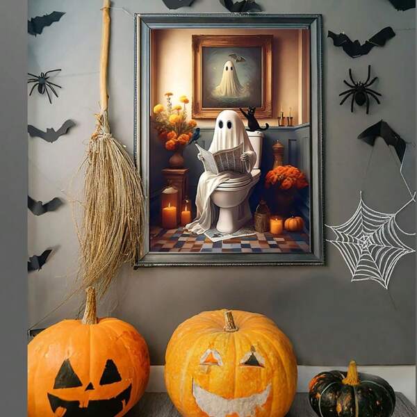 1Pc Unframed Ghost Reading Newspaper On Toilet Bowl Portrait For Halloween Wall Art Decoration, Vintage Ghost Art Poster, Bathroom Halloween Decoration