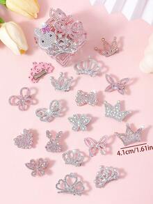 20pcs Random Pink & White Cute Rhinestone Hollow Non-Woven Fabric Hair Clips, Elegant Sparkling Side Bangs Clips, Suitable For Girls Daily, Party, Outing, Including Crown, Rabbit, Heart, Butterfly, Bow Designs, Dreamy Pink & White Color Scheme, Create Fairy Tale Style For Girls - Multicolor - View 4