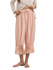 Women Lace Trim Bloomers Casual Elastic Mid Rise Ruffle Cropped Pants Loose Slips Trousers Comfort Bottoms - 香檳色 - 查看 7