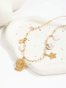 1 chiếc vòng cổ bện phong cách Bohemian, hoa đại dương trắng, rùa, ngọc trai giả, vỏ sò, sao biển, giọt dầu, mặt dây chuyền hình vỏ sò quạt - Vàng - Xem 3