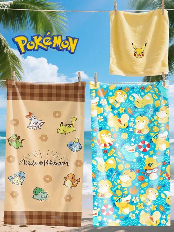 pokemon 1 pieza/2 piezas Toalla de playa de Pikachu de Pokémon, toalla de baño con estampado de Pikachu, toalla de moda de playa, toalla de baño súper absorbente, adecuada para baño, natación, fitness, yoga, de microfibra suave y cómoda, ligera y portátil, resistente al viento, al sol y a la arena, adecuada para viajes de verano, decoración de baño de vacaciones, se recomiendan tamaños regulares y talla grande grandes