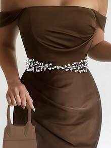 1pc Handmade Rhinestone & Pearl Decor Women's Waist Belt, Suitable For Evening Gowns, Wedding Dresses - Bạc - Xem 4