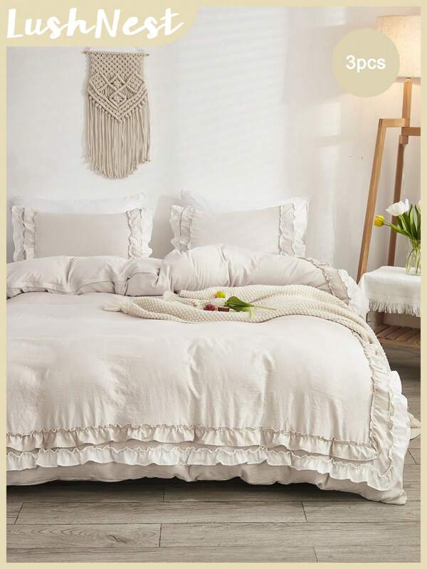Beige Ruffle Duvet Cover Set Boho Bedding Set 3 Pieces Farmhouse Shabby Chic Ruffled Bedding Set Soft Microfiber Cream White Double Ruffled Fringe Design Vintage Duvet Cover Set With 1 Duvet Cover 2 Pillowcases No Comforter