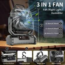 Ventilador recargable portátil de 20000mAh con luz LED y rociador de niebla, 2 boquillas de niebla, temporizador, carga USB de 5 velocidades, gancho para tienda/uso al aire libre