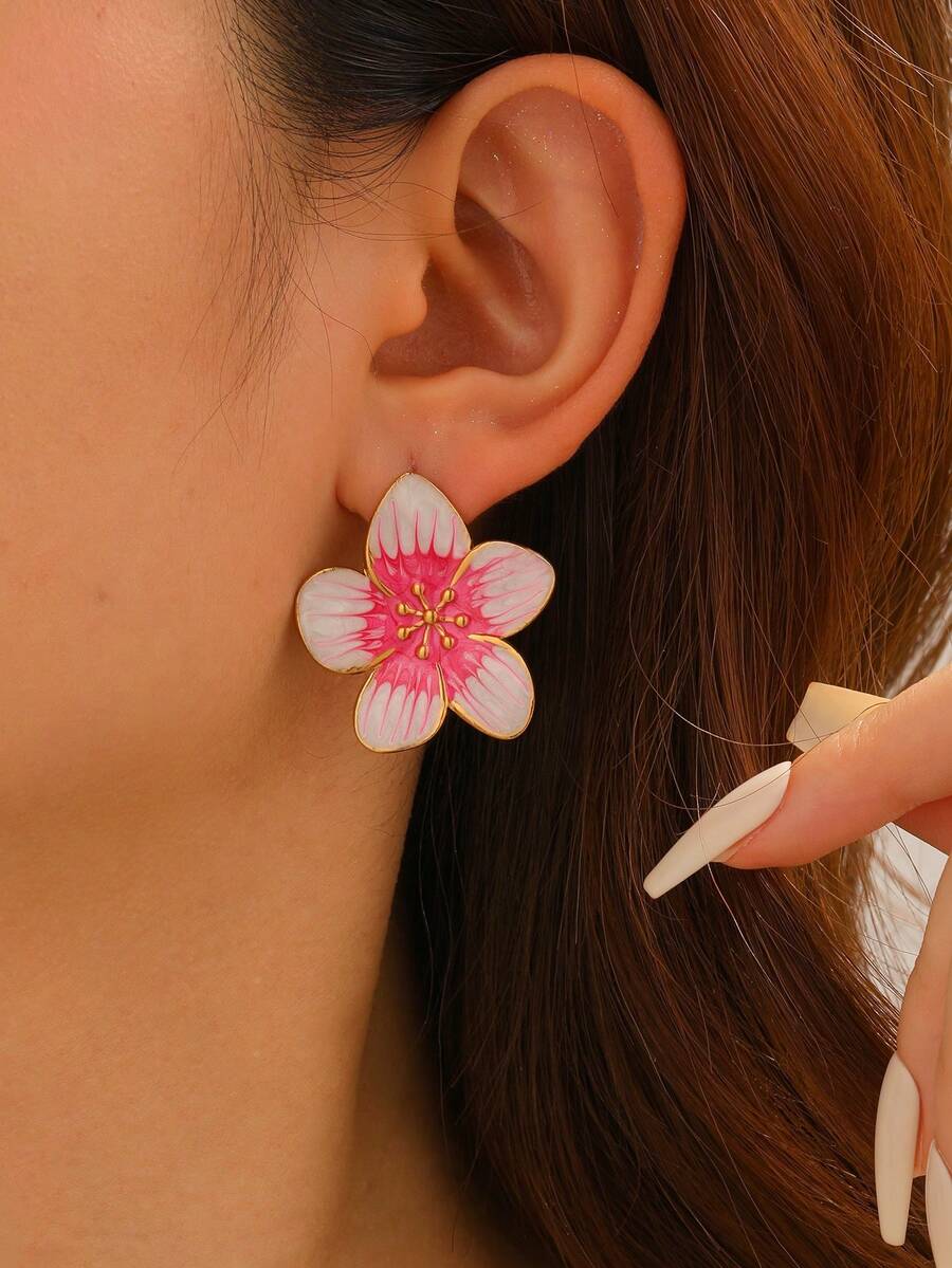 COINBUFF 1 对优雅渐变花朵珐琅 18K 镀金不锈钢耳环，适合女性度假和日常佩戴 - 如圖 - 查看 1