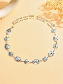 1 件复古时尚银色绿松石雕花腰带链，个性化精致金属链椭圆形亮片腰链，适合女性日常和派对穿着