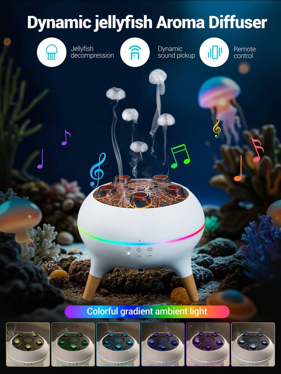 动态水母加湿器，250毫升精油扩散器，7色LED灯，2种模式火焰喷雾无水自动关闭香薰扩散器，遥控加湿器适用于家居装饰、卧室、办公室、瑜伽、礼物，