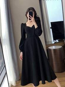 Vestidos largos de mujer Hepburn vintage cuello en v largo temperamento vestidos largos - Negro - Ver 5