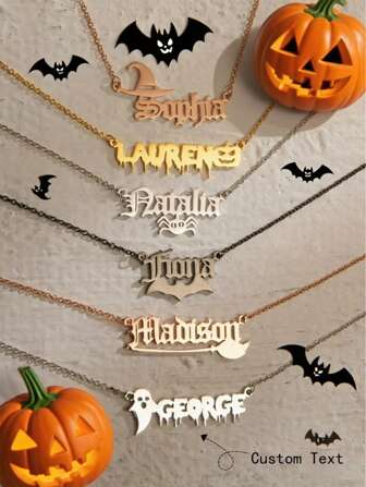 1 pezzo Gioiello personalizzato di Ognissanti, collana con targhetta con nome personalizzato, collana con targhetta gotica, collana con pipistrello e nome personalizzato, regalo di zucca, fantasma, ragno, pipistrello, cappello da strega e scopa, regalo memorabile per bambini e amici, nome personalizzato per bambini, dolcetto o scherzetto