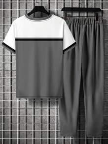 Men's Printed Short Sleeve & Pants Set, Spring/Autumn/Summer - Black - View 3