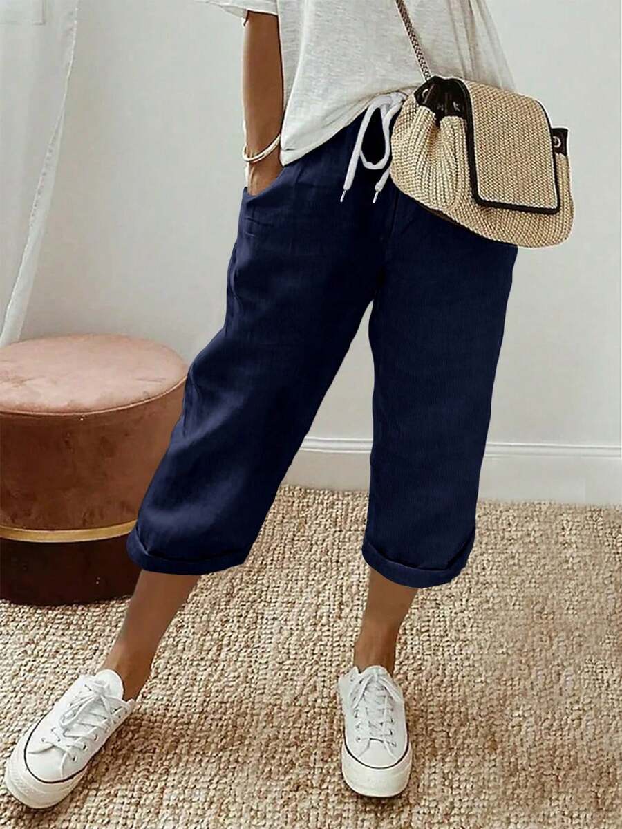 Pantalones capri casuales de mujer de unicolor con cordón y bolsillo - Azul Marino - Ver 1