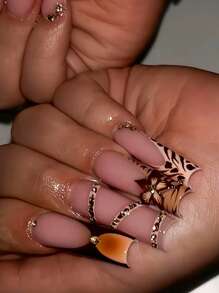 24 片长方形按压指甲，欧美法式豹纹浮雕花朵夏季美甲用品，Y2K 辣妹风格，全覆盖易粘贴设计，适合女士和女孩旅行、度假、聚会 - 彩色 - 查看 1