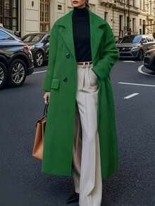 秋冬新款休闲女式羊毛混纺翻领长袖保暖通勤优雅长款大衣，时尚女式长款绿色双排扣呢大衣，翻领设计，双扣细节，秋冬完美之选