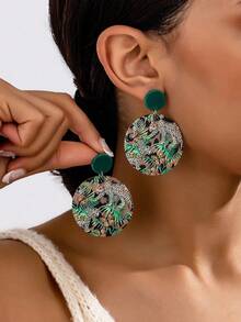 1 đôi Bông tai dạng vòng lớn in hình học phong cách Boho Acetate để đeo hàng ngày - màu đen - Xem 3