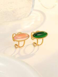 2 buah cincin terbuka stainless steel warna emas dengan batu permata merah muda dan hijau zamrud bertatahkan, cocok untuk wanita sebagai aksesori atau hadiah liburan. - Yellow Gold - View 2