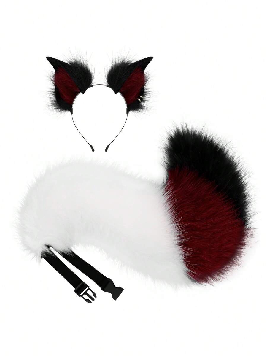 Adjustable Fox Punk Earrings Ears Plush Simulation Fox Tail Animal Ears Animal Tail Suit Personality Stage Dress Props Suit Cute Party Dress Accessories - 紅黑色 - 查看 1