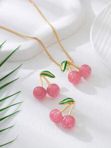 1pc/Set Fashionable French Sweet Cherry Pendant Necklace & Earrings Jewelry Set For Women, Elegant & Cute For Party, Daily Wear, Valentine's Day Gift - Elegant Style - View 17