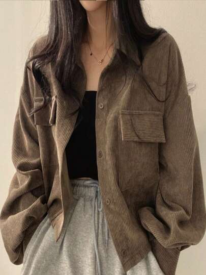 YUXIN Corduroy Women's Jacket - Elegant Lapel Collar, Casual Button - Up, Solid Color, Machine Washable For Fall & Spring