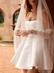 1 件珍珠装饰新娘面纱，浪漫婚礼配饰，优雅单层白色面纱配金属梳，适合新娘、新娘送礼会、摄影道具、万圣节、圣诞节秋季女士服装 - 彩色 - 查看 10