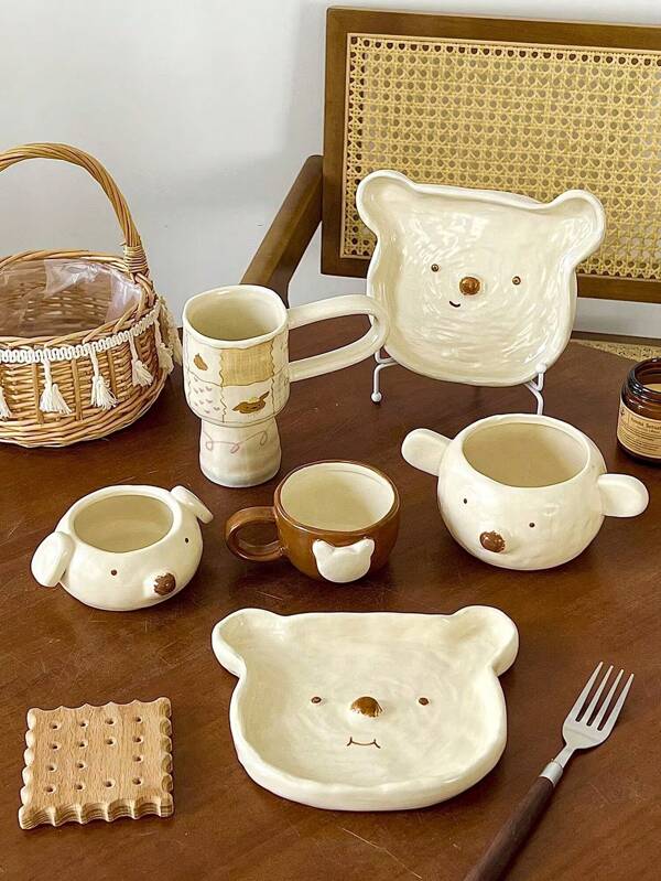 1 pieza Juego de vajilla de cerámica con diseño de oso de dibujos animados, que incluye tazón de arroz, taza, taza de desayuno/leche, taza de té de la tarde/café, plato de postre/ensalada, regalo ideal para familia y amigos