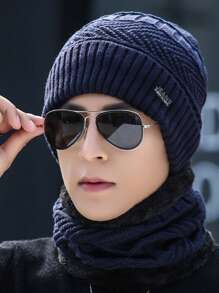 1 Set Women Outdoor Solid Color Fleece Lined Knit Beanie Hat & Scarf, Unisex Suitable For Outdoor, Street, Daily Use, Fashion Versatile Knitted Hat, Ideal Gift (Random Black Fuzzy Scarf)
