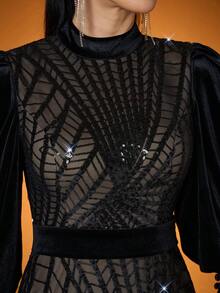 Lộng lẫy, Hàng mới về, Cổ cao, Đính sequin, Thanh lịch, Váy dạ hội, Thắt eo, Tay phồng, Ôm sát, Chân váy đuôi cá, Thích hợp cho tiệc tối, dự tiệc, váy dự đám cưới, váy dạ hội (Không định hình) - màu đen - Xem 7