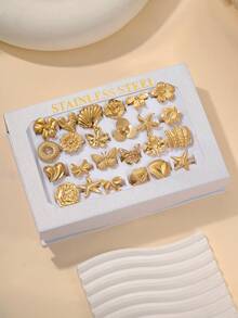 6pcs Gold Stainless Steel 3D Flower, Starfish, Bow, Heart Shaped Decor Set, Suitable For Women's Daily Decoration Or Gifts, Random Style Shipped, Box Not Included