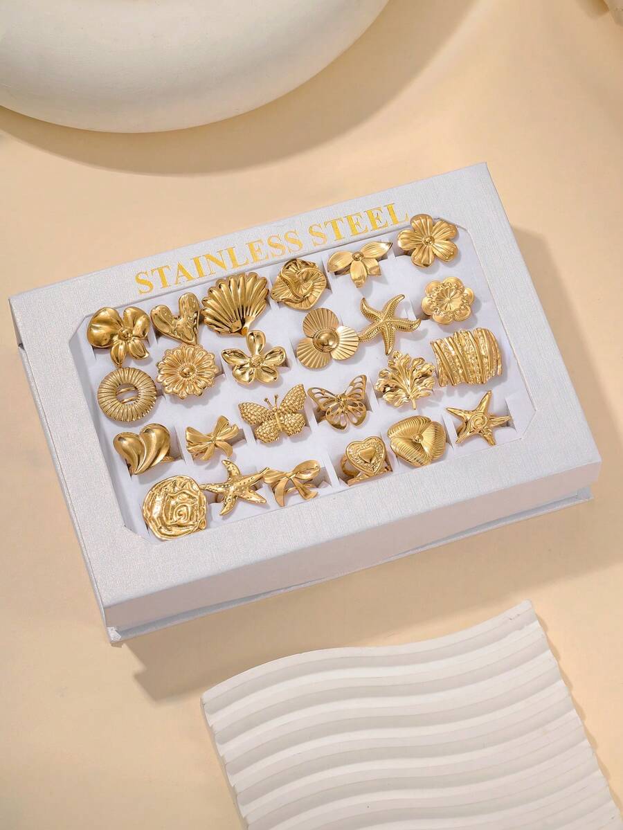 6pcs Gold Stainless Steel 3D Flower, Starfish, Bow, Heart Shaped Decor Set, Suitable For Women's Daily Decoration Or Gifts, Random Style Shipped, Box Not Included