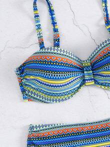 Women's Two Pieces Swimwear Set, Retro Print, High Stretch Knit Fabric, Polyester 82% & Elastane 18%, Geometric Pattern, Drawstring Design, 195gsm Top, 130gsm Lining, Summer Beachwear Vacation - Royal Blue - View 6