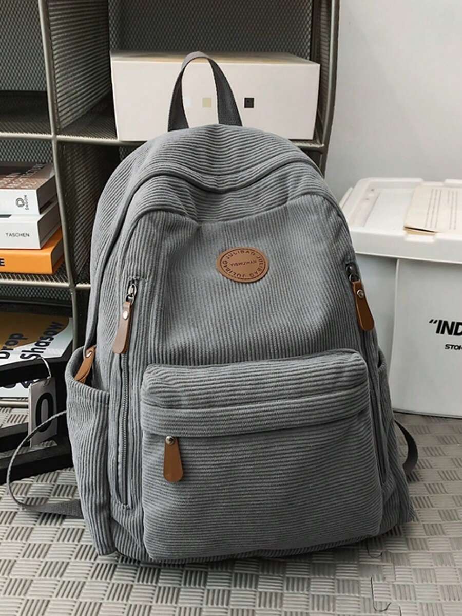14-Inch Lightweight Corduroy Backpack For College Students, Casual Daypack Fits 14" Laptop, School Supplies, School Backpack, School Bag, Camping, Travel Bags, Camping, Hiking Bag - Grey - View 1