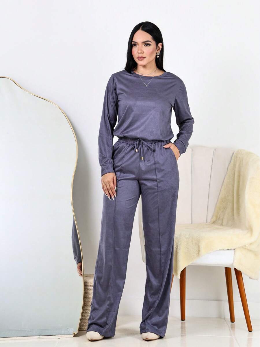 Women's Winter Set: Wide Leg Pants And Long Sleeve Suede Top, Elegant And Comfortable - Xám - Xem 1