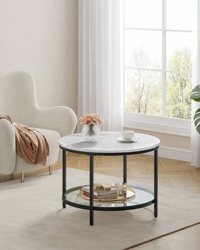 VASAGLE Table Basse, Table de Salon, Façon Marbre, Support en Verre Trempé, Facile à Assembler, Style Moderne, Blanc Marbré et Noir d'encre