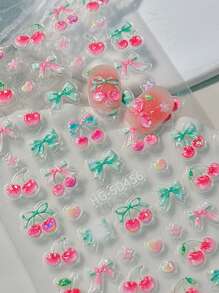 1 樱桃蝴蝶结指甲贴，5D浮雕立体甜美樱桃蝴蝶结指甲贴纸 Y2K 风格 DIY 美甲用品 - 彩色 - 查看 2