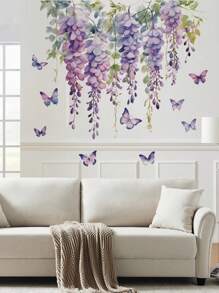 2 件紫色花卉藤蔓和蝴蝶墙贴，装饰性自粘壁画，适用于客厅、入口、卧室