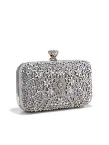 小巧金色水钻镶嵌晚宴手拿包，金属手柄派对手提包，婚礼新娘钱包，链条单肩包 - 銀色 - 查看 5