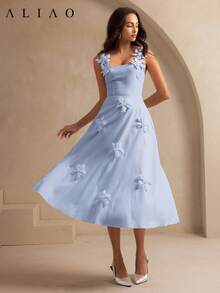 Aliao Elegant 3D Flower Sleeveless Sling Women's Dress, Wedding Guest Dress, Prom Party Dress, Bridal Shower Dress, Brunch Outfits For Women - Dusty Blue - View 3