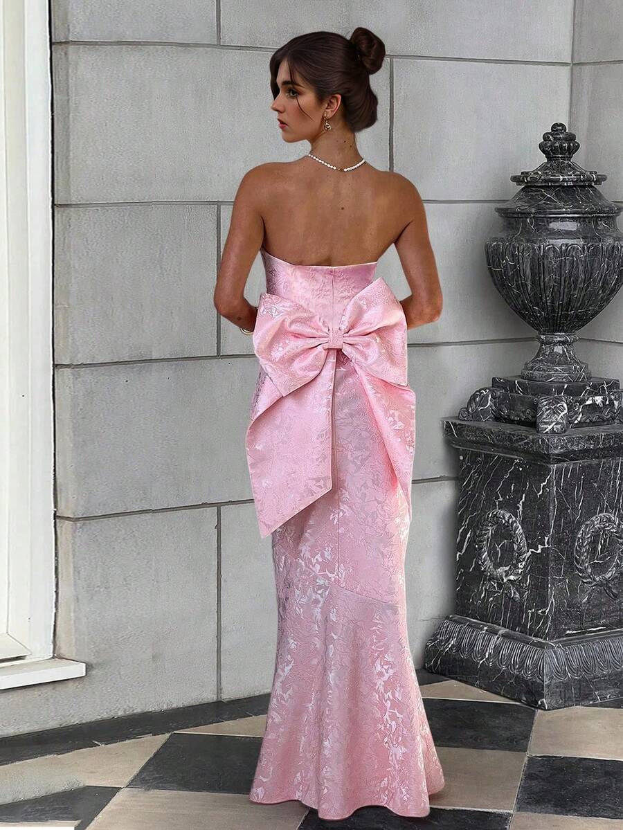 Jacquard Strapless Long Mermaid Dress With Oversized Bow, For Party & Evening Gown - Pink - View 1
