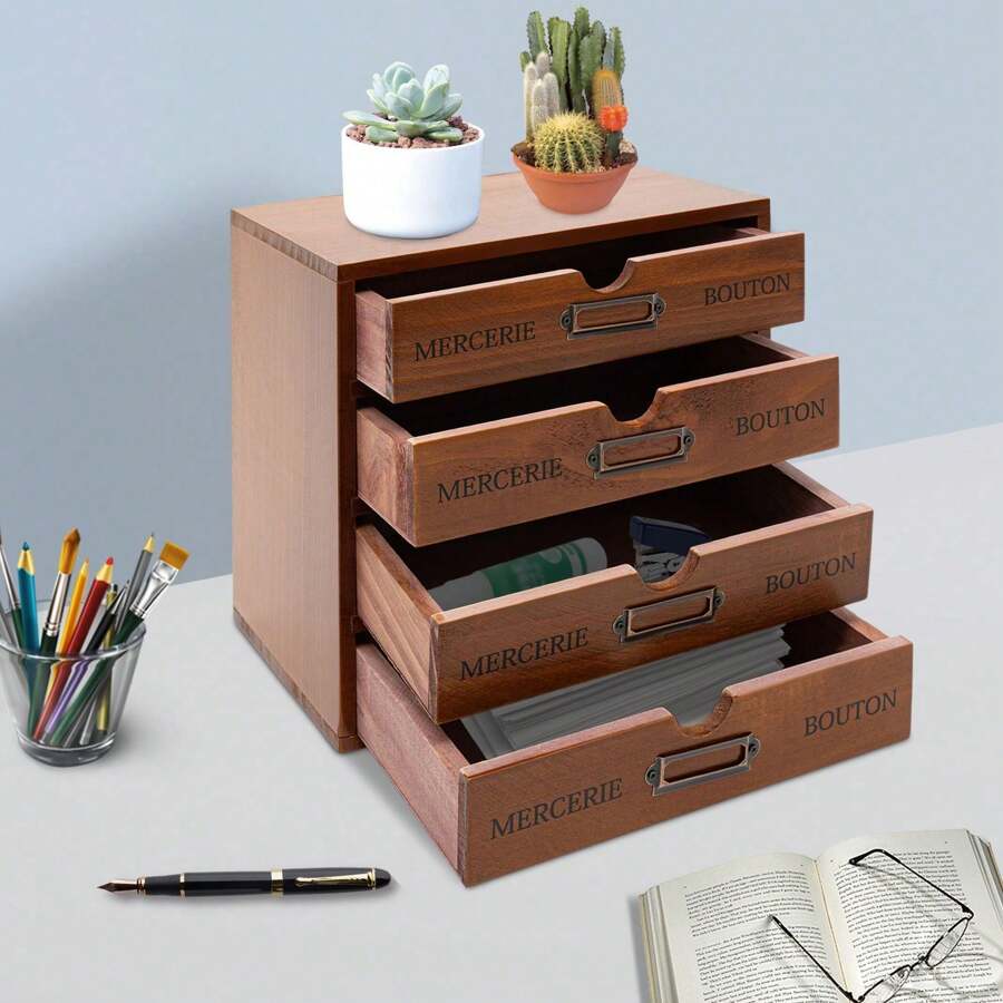 YUNRUX Small Wooden Storage Box Office Desk Organizer / 4 Drawers Brown