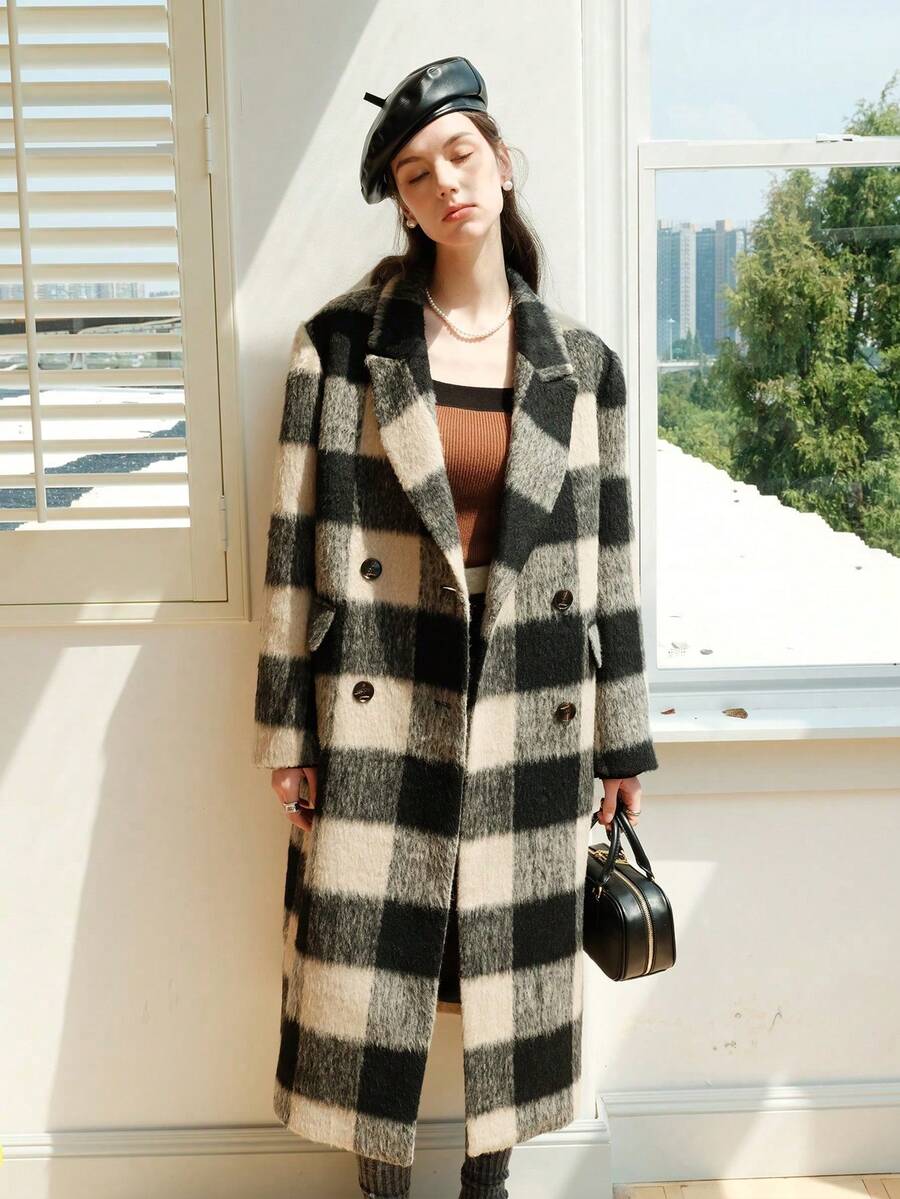 2023冬季新款深灰色大衣,简约翻领休闲长款大衣女 - 黑與白 - 查看 1