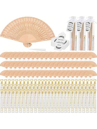 15/5件套婚礼礼品套装。木质婚礼扇、金色心形泡泡瓶（带感谢标签流苏）、优雅婚礼礼物、木质扇子和雪纺袋、婚礼回礼，适合婚礼礼物、派对、新娘送礼会等场合。