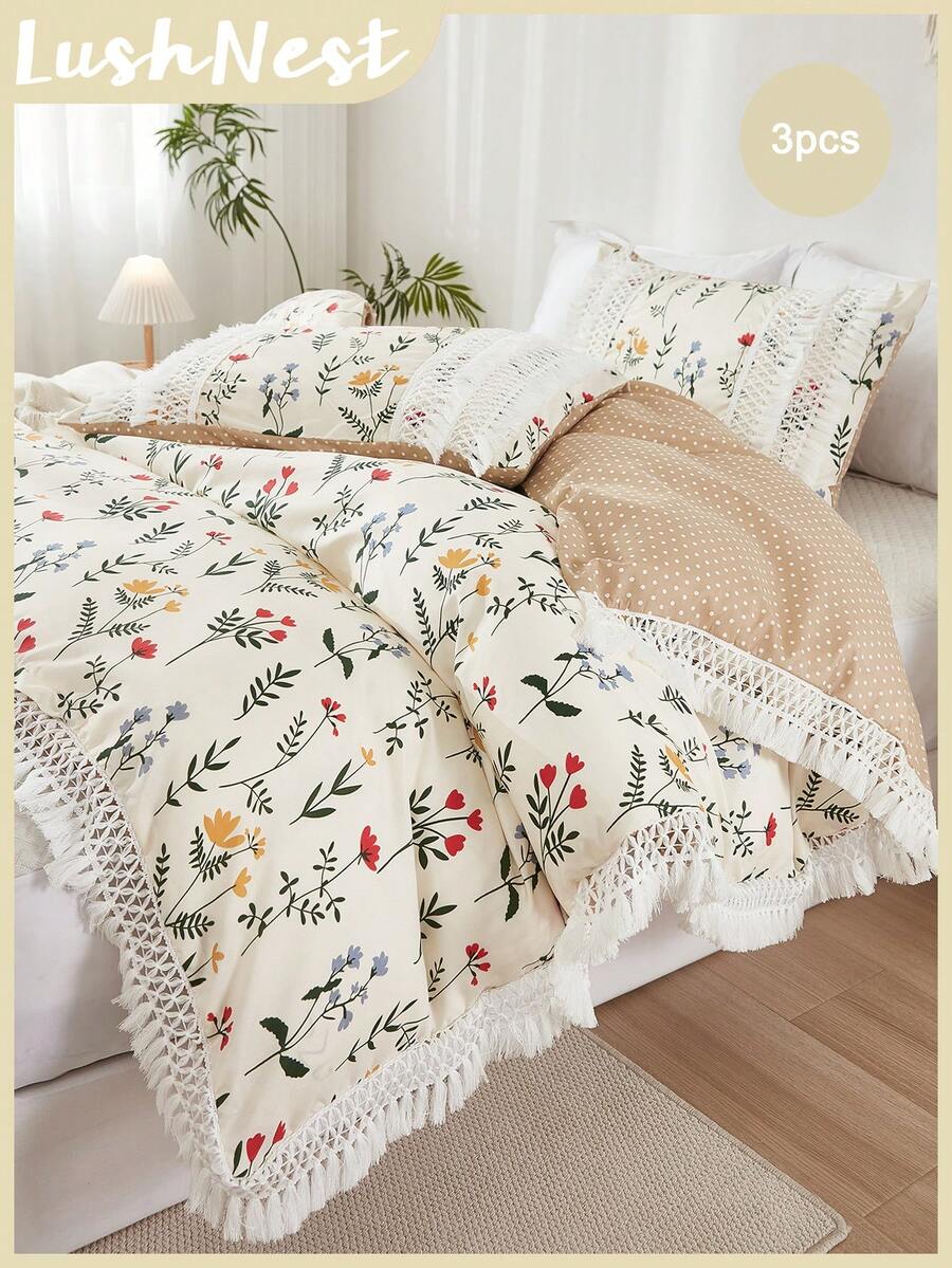 3 件套花卉印花浪漫床上用品套装（1 个羽绒被套 + 2 个枕套，无填充物），日常使用涤纶柔软亲肤，适用于卧室、主卧、客房、所有季节，馈赠佳品 - 彩色 - 查看 1